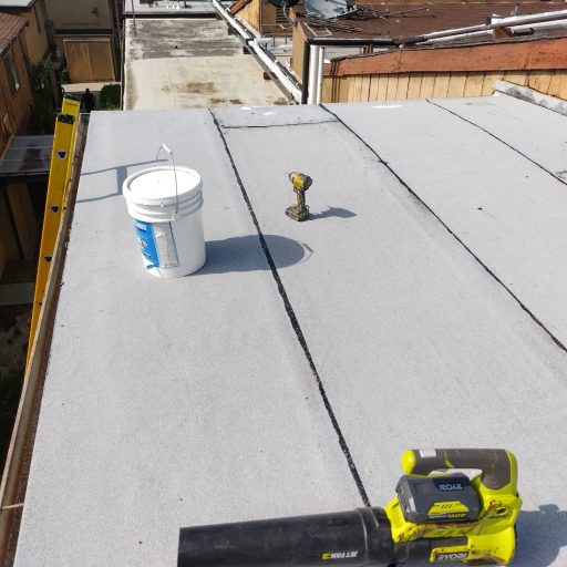 Roof work with bucket, ladder, and tools.