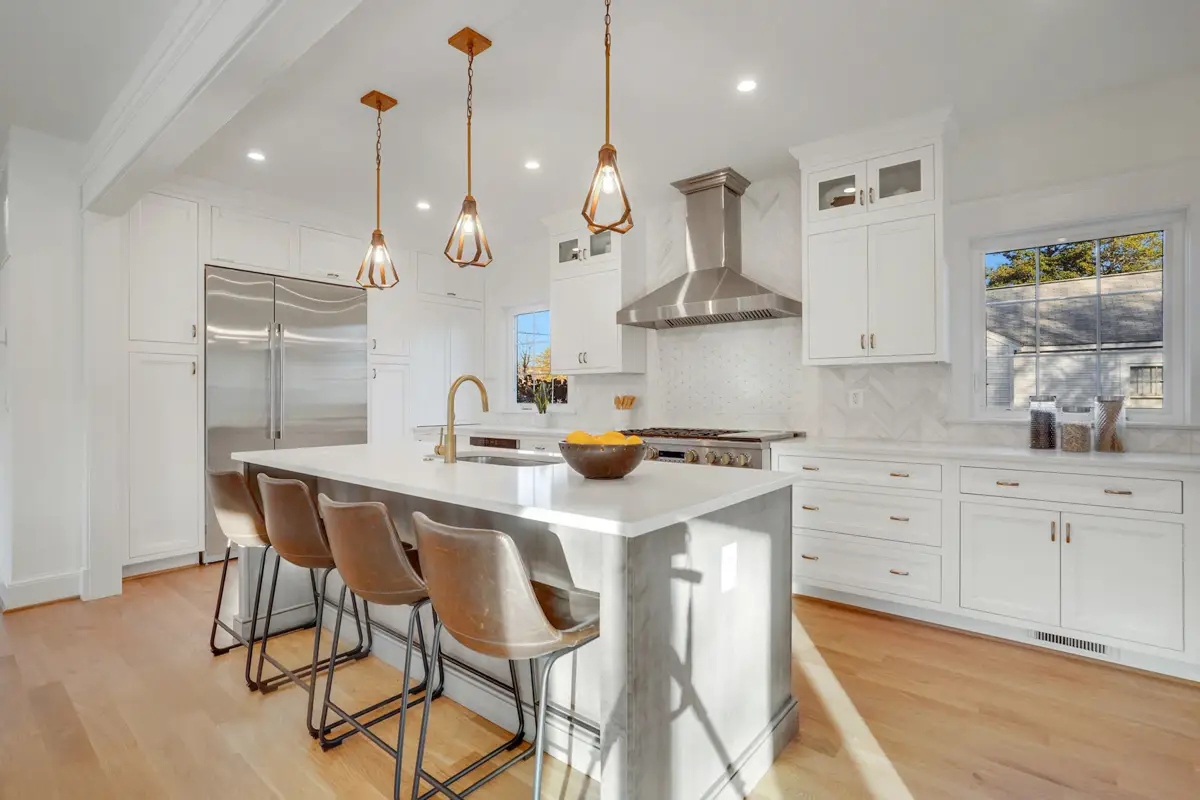 Modern kitchen with island and pendant lights