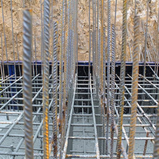 Steel rebar grid in concrete foundation construction site.