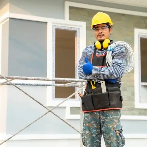 Construction worker with safety gear at building site.