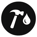 Hammer and drop icon on black background.